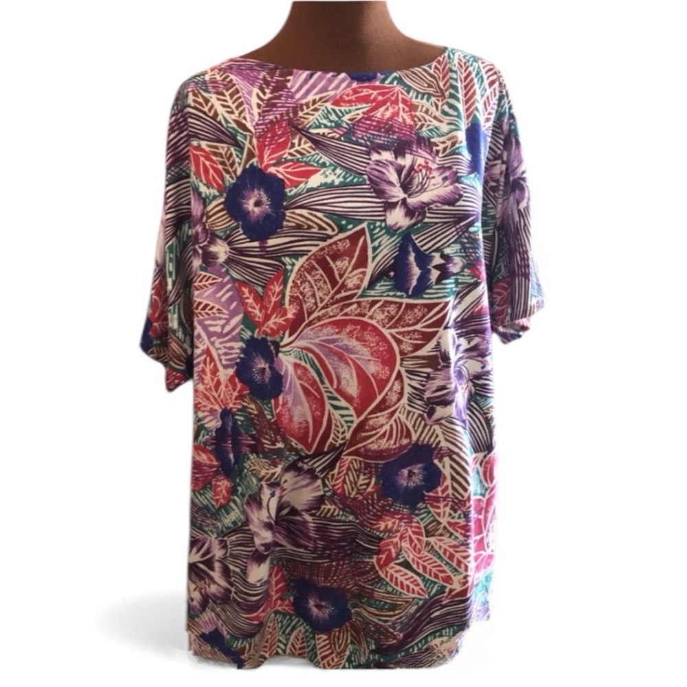 Hand Sewn Short Sleeve Cotton Knit Blouse Plus Size 3x Floral Multicolor GUC